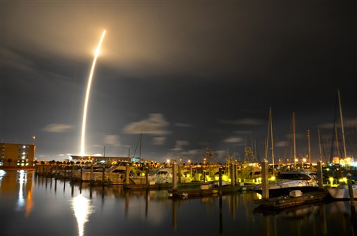 A 71-second exposure as seen from Port Canaveral on Sunday. SpaceX's Falcon 9 rocket successfully lifted off from Cape Canaveral Air Force Station, bringing supplies destined for the ISS into orbit.