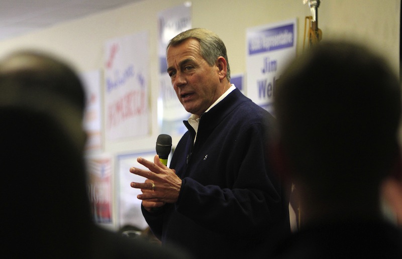 House Speaker John Boehner of Ohio campaigns for Republican presidential candidate, former Massachusetts Gov. Mitt Romney, Monday, Oct. 8, 2012, in Derry, N.H. (AP Photo/Jim Cole)