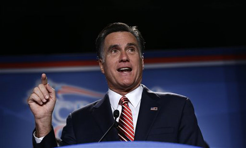 In this photo taken Oct. 4, 2012, Republican presidential candidate, former Massachusetts Gov. Mitt Romney speaks in Denver. Romney is shifting sharply to the political center as he begins to deliver a closing argument aimed at a slice of moderate, undecided voters a month before Election Day. (AP Photo/Charles Dharapak)