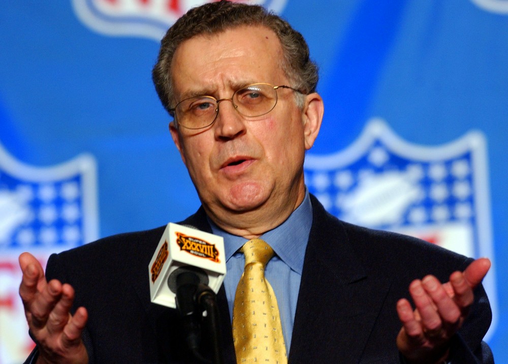 National Football League Commissioner Paul Tagliabue talks with reporters during a news conference in Houston, Friday, Jan. 30, 2004. (AP Photo/Dave Martin) Football Super bowl