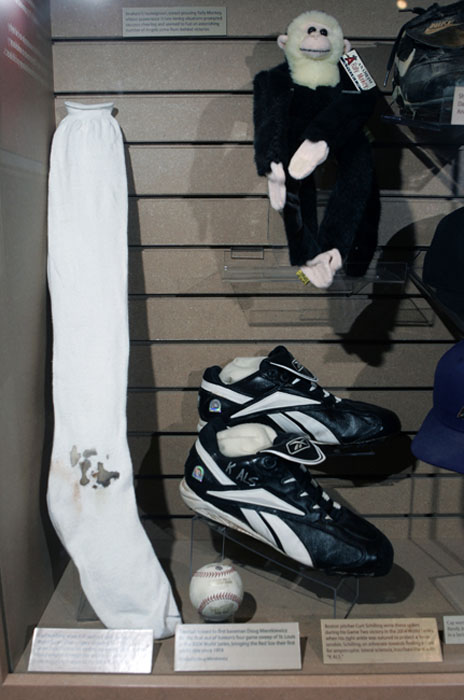 This April 26, 2007 file photo shows Boston Red Sox pitcher Curt Schilling's bloody sock and spikes on display at the National Baseball Hall of Fame in Cooperstown, N.Y. Schilling might have to sell the famed blood-stained sock he wore during the 2004 World Series to cover millions of dollars in loans he guaranteed to his failed video game company. Schilling, whose Providence-based 38 Studios filed for bankruptcy in June, listed the sock as collateral to a bank in a September filing with the Massachusetts Secretary of State. (AP Photo/Mike Groll, File)