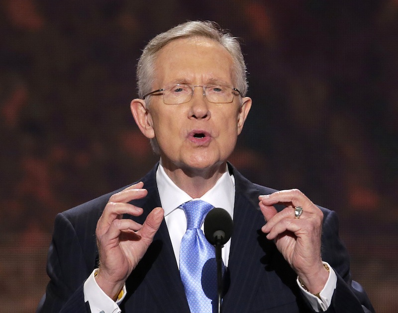 In this Sept. 4, 2012 file photo, Senate Majority Leader Harry Reid of Nevada addresses the Democratic National Convention in Charlotte, N.C. Troopers say Reid has been taken to the hospital after what appears to be a rear-end crash on an interstate through Las Vegas. (AP Photo/J. Scott Applewhite)