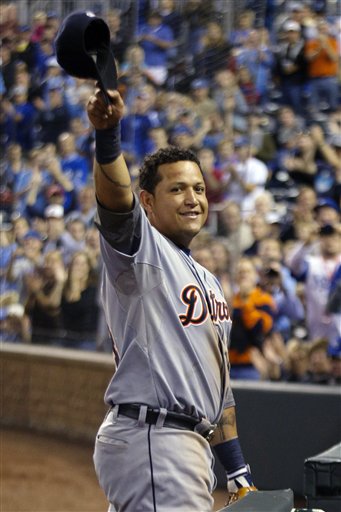Detroit Tigers' Miguel Cabrera (24) waves to the crowd after being replaced during the fourth inning of a baseball game against the Kansas City Royals at Kauffman Stadium in Kansas City, Mo., Wednesday, Oct. 3, 2012. (AP Photo/Orlin Wagner)