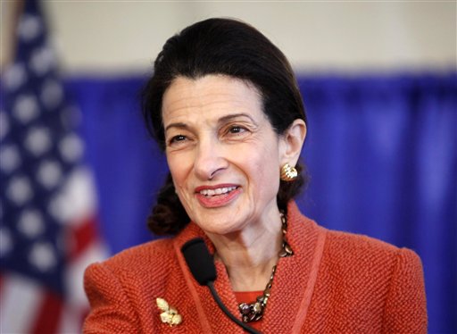 FILE- In this March 2, 2012, file photo U.S. Sen. Olympia Snowe speaks at news conference in South Portland, Maine. Snowe, who has cited Washington's partisan atmosphere as the reason she is stepping down this year, has a deal with Weinstein Books for a publication due out in the spring. Weinstein is billing the book, currently untitled, as a �memoir and call to action.� (AP Photo/Robert F. Bukaty, files)