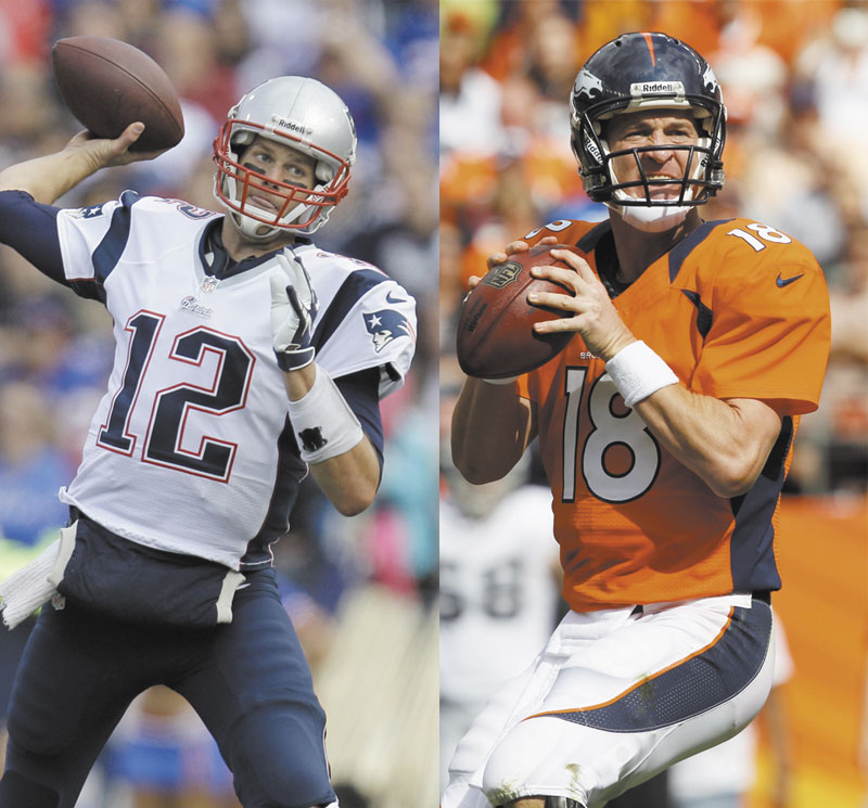 BACK AT IT: Tom Brady, left, and Peyton Manning, right, renew their storied rivalry today when the Patriots face the Broncos at Gillette Stadium in Foxborough, Mass.