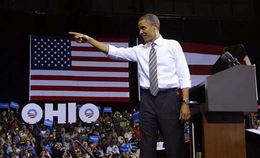 FILE -In this Sept. 26, 2012 file photo, President Barack Obama points to supporters before speaking at Kent State University in Kent, Ohio. So much for Mitt Romney's plan to compete for Democratic-leaning Michigan or Pennsylvania. And what about President Barack Obama's early hopes of fighting it out for GOP-tilting Arizona, Georgia or Texas? Forget them. The presidential battleground map is as compact as it's been in decades, with just nine states seeing the bulk of candidate visits, TV ads and get-out-the-vote efforts. A small fraction of Americans will determine the outcome of the race for 270 Electoral votes. (AP Photo/Pablo Martinez Monsivais, File)