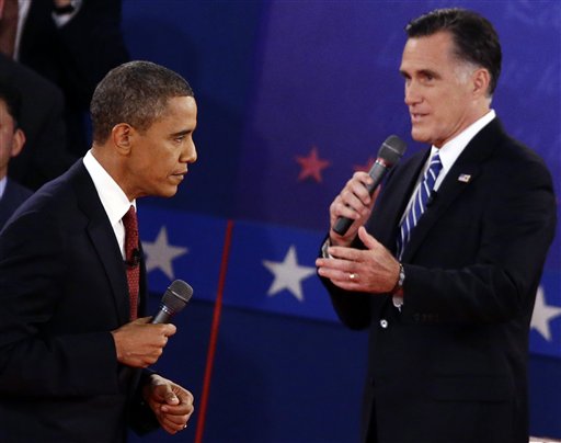 President Barack Obama and Republican presidential candidate and former Massachusetts Gov. Mitt Romney participate in the second presidential debate at Hofstra University in Hempstead, N.Y., Tuesday, Oct. 16, 2012. (AP Photo/Charles Dharapak)