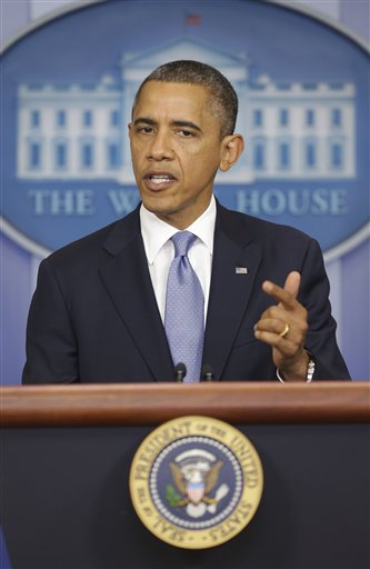 President Barack Obama speaks in the White House Briefing Room on Monday, after returning to Washington from Florida to monitor Hurricane Sandy.