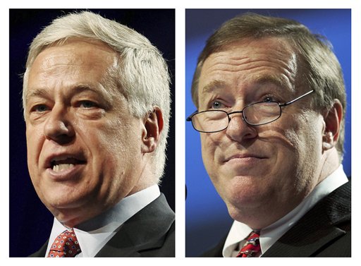 FILE - This pair of file photos show Democratic U.S. Rep. Mike Michaud, left, and Republican challenger, Maine Senate president Kevin Raye, right, who will face off in the 2nd Congressional District race in the November 2012 general election. (AP Photos/File)