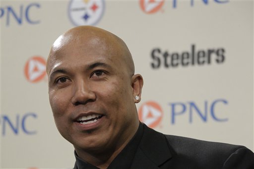 FILE - In a Tuesday, March 20, 2012 file photo, former Pittsburgh Steelers receiver Hines Ward answers a question after announcing his retirement from the NFL at the Steeler's offices in Pittsburgh. Joshua Van Auker, 26, of Pittsburgh, who claims his girlfriend once had a �physical relationship� with retired Pittsburgh Steelers wide receiver Hines Ward, was in custody Friday, Oct. 19, 2012 on charges he tried to extort $15,000 from the player by threatening to release evidence the player had paid for sex. Van Auker was awaiting arraignment on two felony counts of attempted extortion. Van Auker was arrested Thursday in Pittsburgh by detectives from the Allegheny County District Attorney's Office after he allegedly met with Ward's personal assistant, Raymond Burgess, who paid him the money in exchange for unspecified �materials� in an envelope that Van Auker said could prove his claims, according to a five-page criminal complaint. (AP Photo/Gene J. Puskar, File)