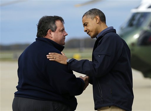 President Barack Obama is greeted by New Jersey Gov. Chris Christie upon his arrival at Atlantic City International Airport, Wednesday, Oct. 31, 2012, in Atlantic City, NJ. Obama traveled to the region to take an aerial tour of the Atlantic Coast in New Jersey in areas damaged by superstorm Sandy, (AP Photo/Pablo Martinez Monsivais)