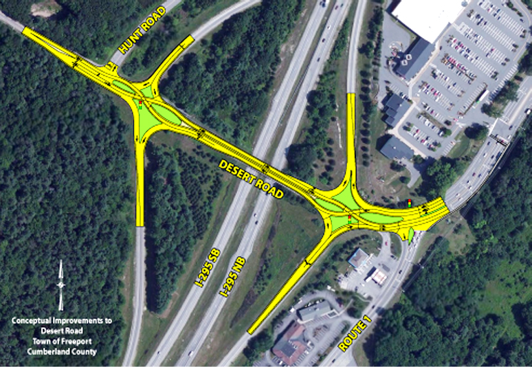 This diagram show the "diverging diamond" concept MDOT is proposing as a possilbe solution to traffic backups at the Desert Road interchange on I-295.