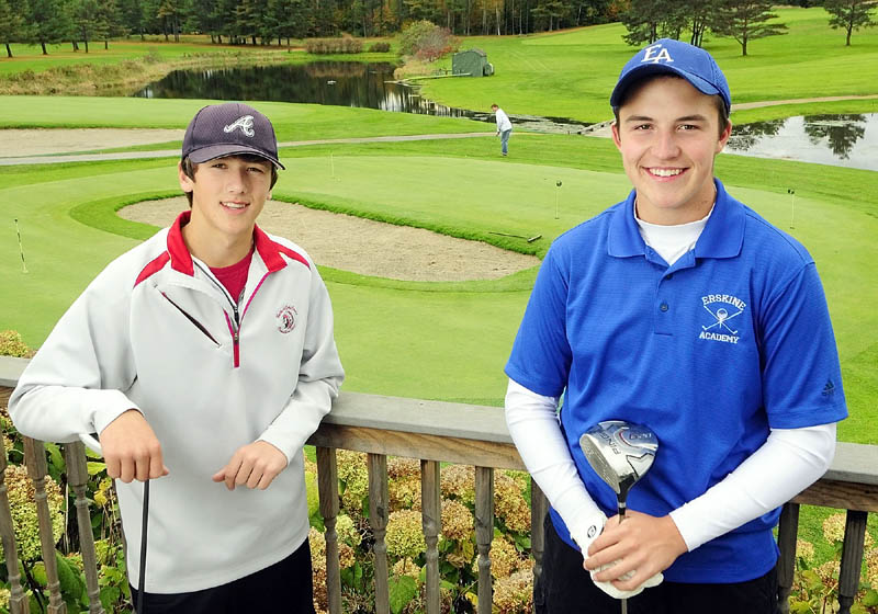 GOALS SET HIGH: Cony’s Thomas Foster, left, and Erskine’s Shawn Soucie both worked at Natanis Golf Club in Vassalboro this summer where they’ll be competing in the state high school golf tournament Saturday.