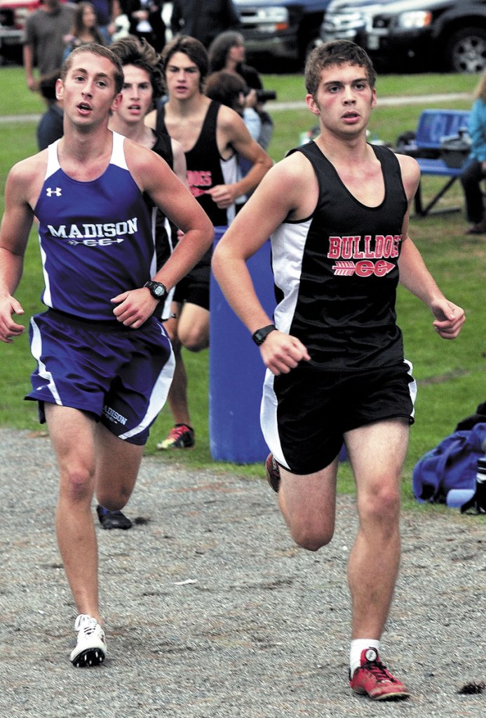 Josh Ringer, right, and the Hall-Dale boys cross country will try to win the Class C state title Saturday at Belfast.