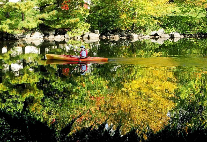 A kayaker paddles, past colorful fall foliage, along Mill Stream on Friday afternoon near the Route 27 bridge in Belgrade Lakes.