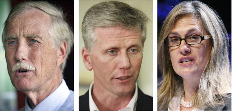 These file photos show Maine's leading candidates for U.S. Senate in the November 2012 general election. Left to right: Independent Angus King, Republican Charlie Summers and Democrat Cynthia Dill. (AP Photos, File)