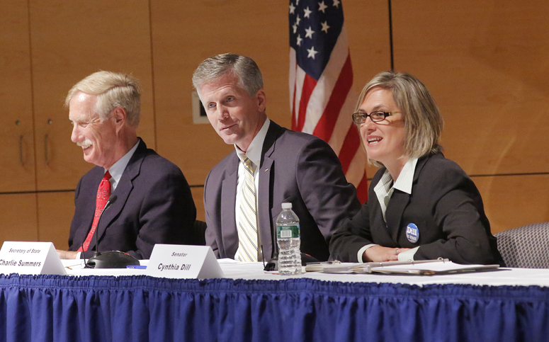 U.S. Senate cadidates Angus King, Charlie Summers and Cynthia Dill, left to right, participate in a debate at the at the University of Southern Maine in Portland on Thursday, September 13, 2012.
