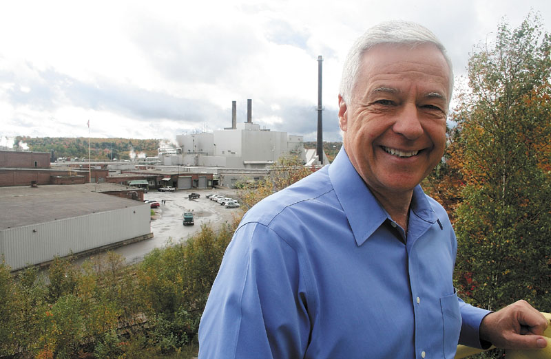 U.S. Representative Mike Michaud stands outside Great Northern Paper mill in East Millinocket earlier this month. Michaud, a five-term Democratic incumbent, is running on his support for U.S. manufacturing against Republican challenger Kevin Raye.