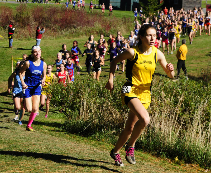 Maranacook's Caroline Colan, right, was in third and Lawrence's Erzsebet Nagy was fourth early in the race during KVAC cross country meet on Saturday morning at Cony High School in Augusta.