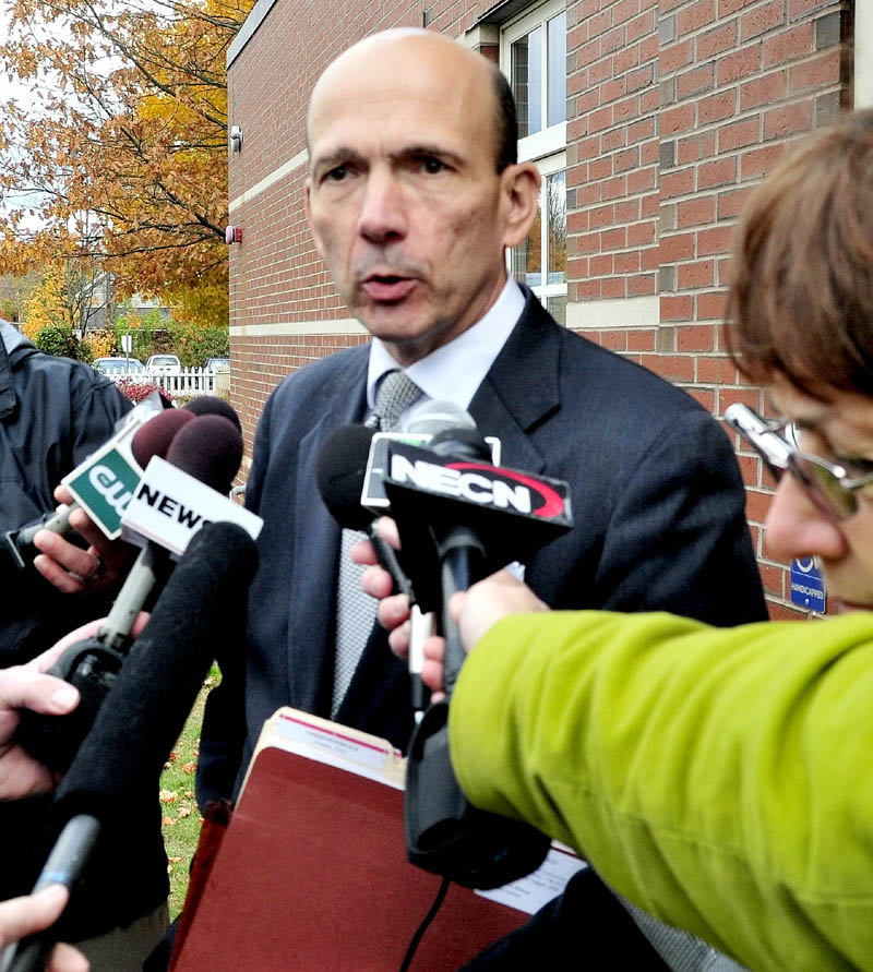 Assistant Attorney General Andrew Benson speaks to reporters following a hearing for defendant Kelli Murphy, 11, in Skowhegan District Court on Monday.