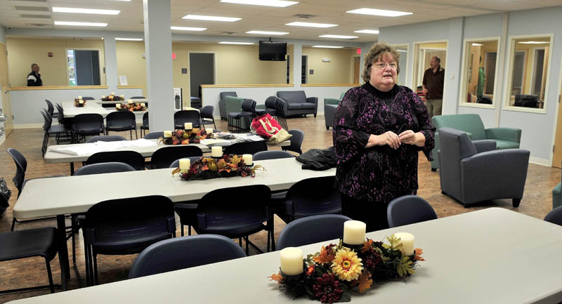 Mid-Maine Homeless Shelter Executive Director Betty Palmer gave a tour of the new shelter in Waterville last week. Palmer is speaking in the shelter’s multipurpose room.