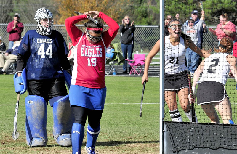 MIXED REACTION: Messalonskee’s Natalie Hunt (19) throws her arms up in frustration as Skowhegan’s Makaela Michonski (21) and Renee Wright celebrate a goal Monday in Skowhegan. Eagles keeper Abby Roberts is at right.