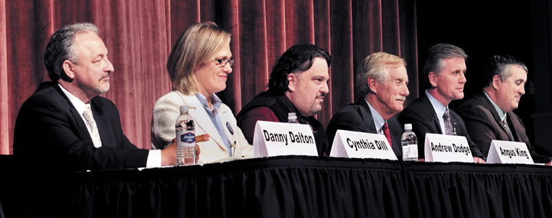 The six U.S. Senate candidates participate in a forum at the Waterville Opera House on Tuesday evening. From left are Danny Dalton, Cynthia Dill, Andrew Dodge, Angus King, Charlie Summers and Stephen Woods.