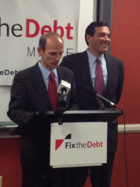 Former Gov. John Baldacci, left, and Rick Bennett, right, at a Fix the Debt news conference in Portland on Thursday, Oct. 25, 2012