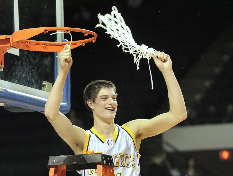 In this Feb. 27, 2010, photo, then-team captain Indiana Faithful twirls the net following Cheverus' win over Edward Little in the Boys Class A State Championship basketball game.