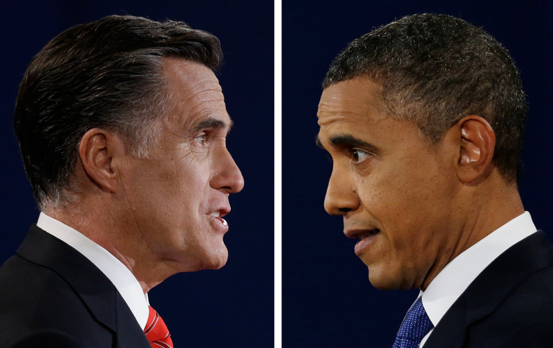 Republican presidential candidate Mitt Romney and President Obama speak during their first debate Oct. 3. Romney campaigned in Florida on Sunday, while Obama sought to raise millions at celebrity events in California.