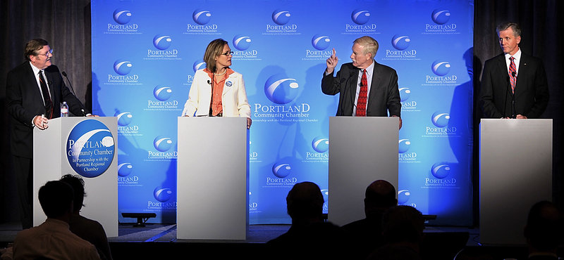 U.S. Senate candidates, from right, Charlie Summers, Angus King and Cynthia Dill debate in Portland on Tuesday.