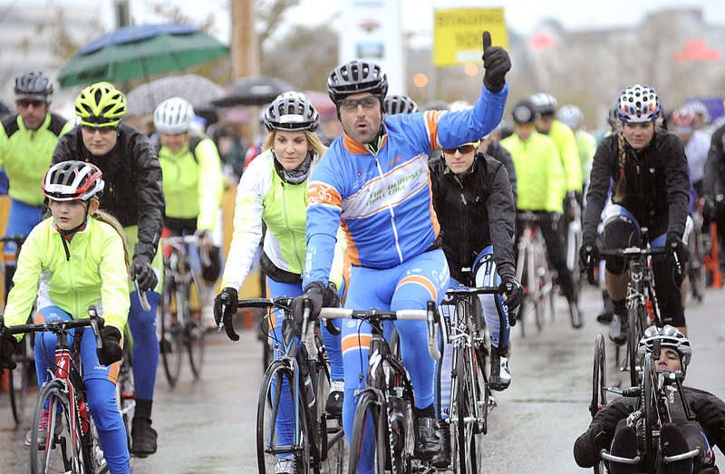 Actor Patrick Dempsey leads the group of riders at the fourth annual Dempsey Challenge in Lewiston on Sunday. The event raised more than $1 million for the first time.