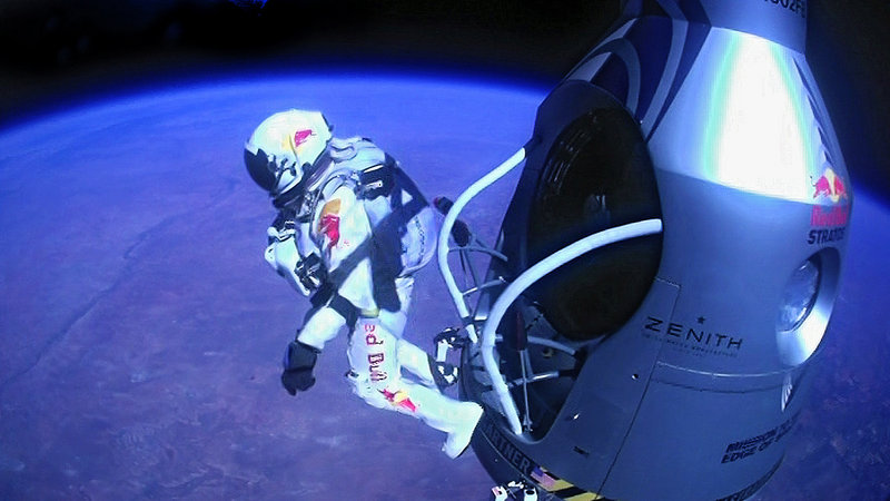 Felix Baumgartner of Austria jumps out of a capsule carried aloft by a balloon. From more than 24 miles up, he became the first free-falling human to break the sound barrier Sunday.