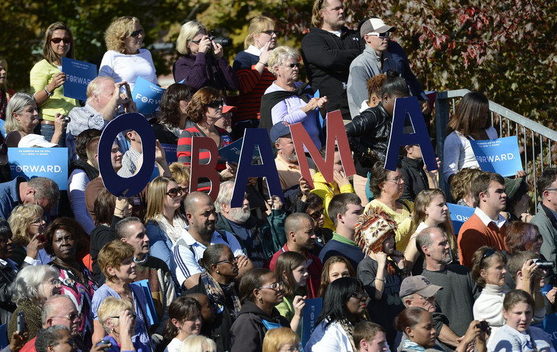 Supporters listen to President Obama at Veterans Memorial Park in Manchester, N.H, on Thursday. A crowd estimated at 6,000 people turned out to hear the president.