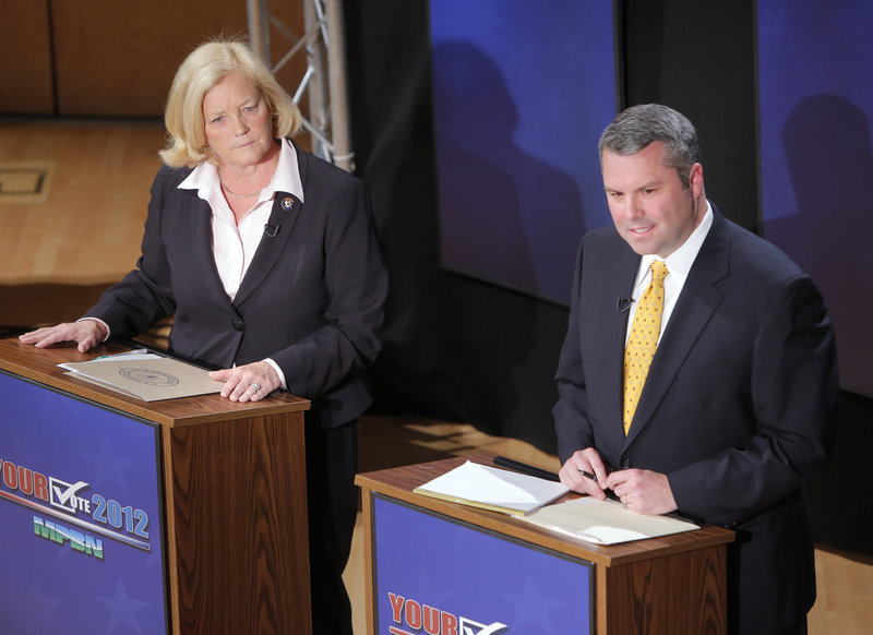 U.S. Rep. Chellie Pingree and Maine Senate Majority Leader Jon Courtney, candidates in the 1st Congressional District, differed on health care, education and military spending during a debate at Bowdoin College on Thursday.