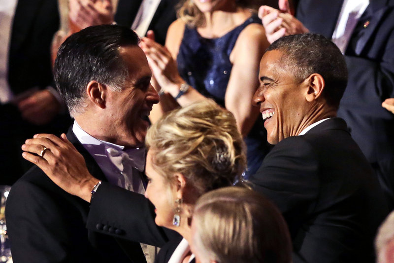 Republican presidential candidate Mitt Romney and President Obama greet each other at a New York charity gala organized by the Archdiocese of New York last Thursday. The two will meet Monday night in their final campaign debate before the Nov. 6 election.