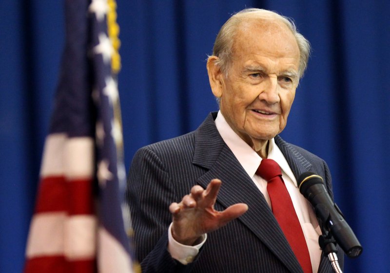 In this Jan. 20, 2012, photo, George McGovern speaks during First Coast Technical College's winter commencement ceremony on in St. Augustine, Fla. McGovern, the Democrat who lost to President Richard Nixon in 1972 in a historic landslide, has died at the age of 90.