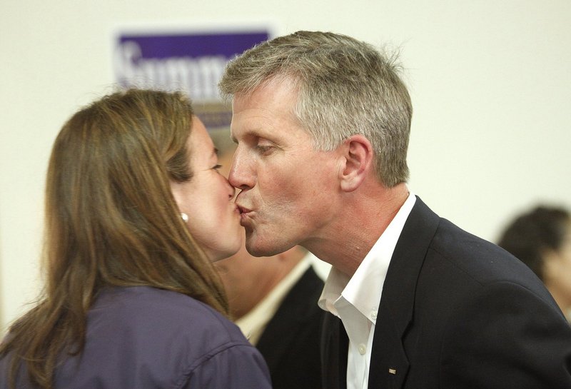 Charlie Summers gets a kiss from his wife, Ruth, on June 12, at the Maine Military Museum, the primary campaign night headquarters for the Republican US Senate candidate.