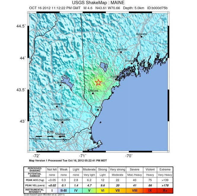 Map shows the intensity felt from Tuesday evening's 4.6 Richter earthquake with an epicenter in the southern Maine town of Hollis in York County.