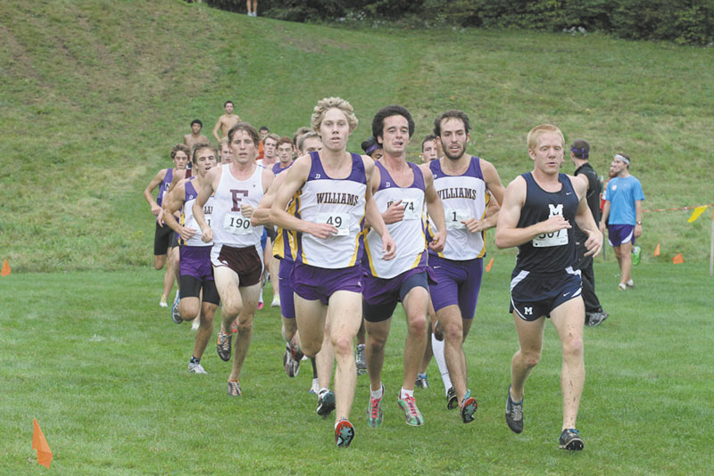 LEADING THE CHARGE: Hall-Dale graduate Wade Davis, front, is a captain for the Williams College cross country team. Davis was 23rd in last weekend’s New England Small College Athletic Conference championships.