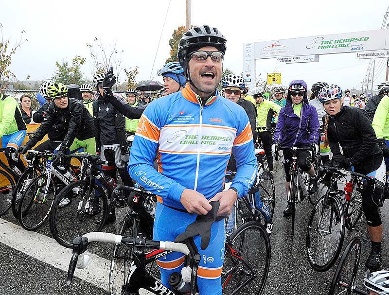 Actor Patrick Dempsey acknowledges riders and spectators as he prepares to set out with first group of riders at the Dempsey Challenge in Lewiston on Sunday.