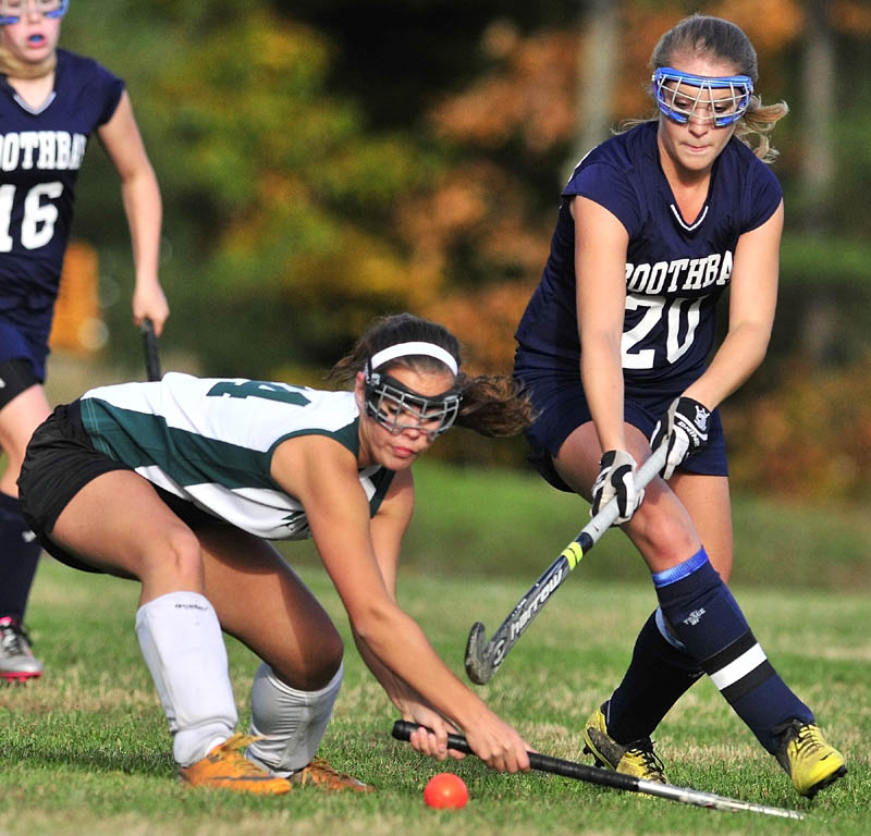LOOSE BALL: Winthrop’s Liz Glover, left, and Boothbay’s Sarah Caron go after a loose ball during the Ramblers' 7-1 win in an Eastern C quarterfinal Tuesday afternoon in Winthrop.