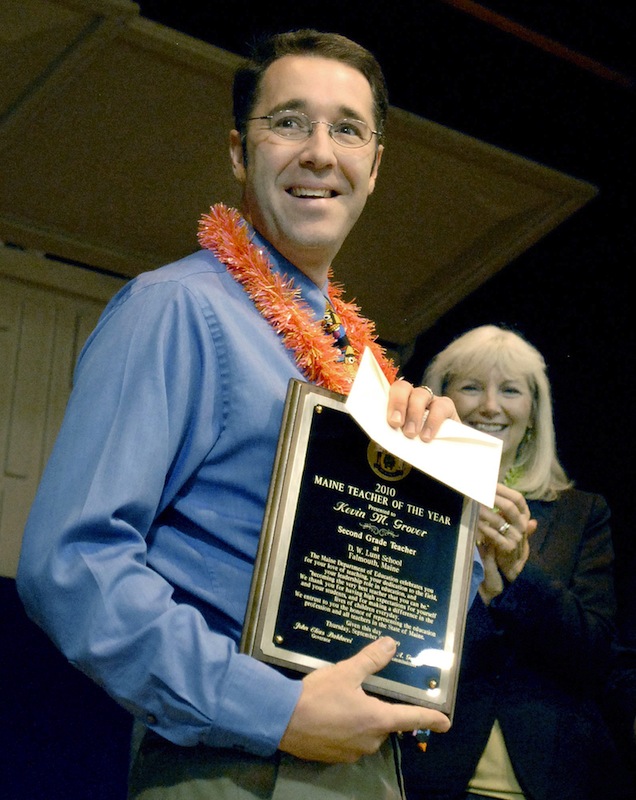 Second-grade teacher Kevin Grover holds his 2010 Maine Teacher of the Year award in this Thursday, Sept. 17, 2009 file photo taken at D.W. Lunt School in Falmouth. Grover died suddenly at age 40 on Thanksgiving.