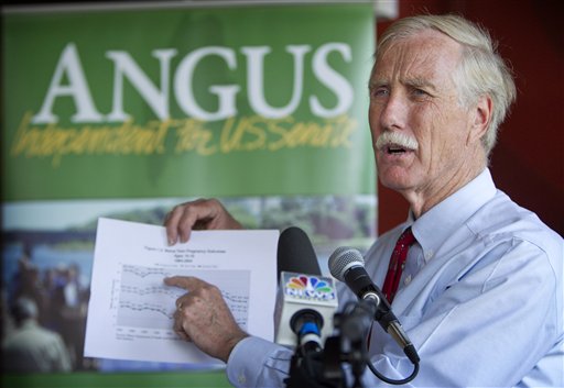 FILE - In this Aug. 17, 2012 file photo, Maine independent Senate candidate Angus King speaks at a news conference in Brunswick, Maine. Add this to your set of Election Day unknowns: Control of the United States Senate could conceivably come down to King who has resolutely refused to say which party he�d side with if voters send him to Washington. While it�s commonly accepted that King, a former Democrat who supports President Barack Obama, would align with Democrats, he has refused to say. That�s generated suspense and, in theory, could translate to power for King if the Senate ends up close to a 50/50 split. If one party ends up with a decisive majority, King may end up with less leverage than he hopes. (AP Photo/Robert F. Bukaty, File)