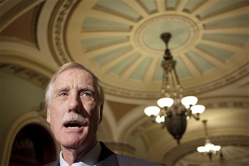 Sen.-elect Angus King, I-Maine announces on Capitol Hill in Washington, Wednesday, Nov. 14, 2012, that he will caucus with the Democrats in the 113th Congress. (AP Photo/Harry Hamburg)