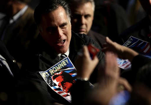 Republican presidential candidate, former Massachusetts Gov. Mitt Romney greets supporters at a campaign event at the Newport News International Airport, Sunday, Nov. 4, 2012, in Newport News, V.A. (AP Photo/David Goldman)