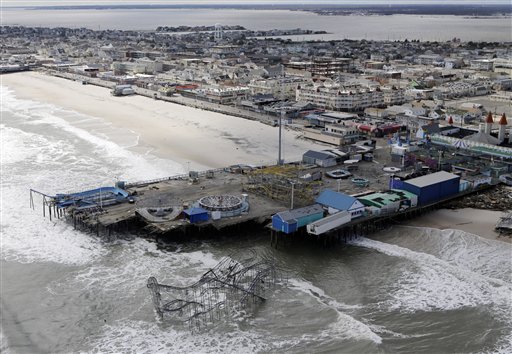 This aerial photo shows some of the damage to an amusement park left in the wake of superstorm Sandy in Seaside Heights, N.J.