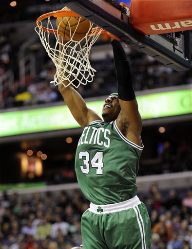 Boston Celtics forward Paul Pierce (34) dunks against the Washington Wizards during the first half of an NBA basketball game on Saturday, Nov. 3, 2012, in Washington. (AP Photo/Nick Wass)