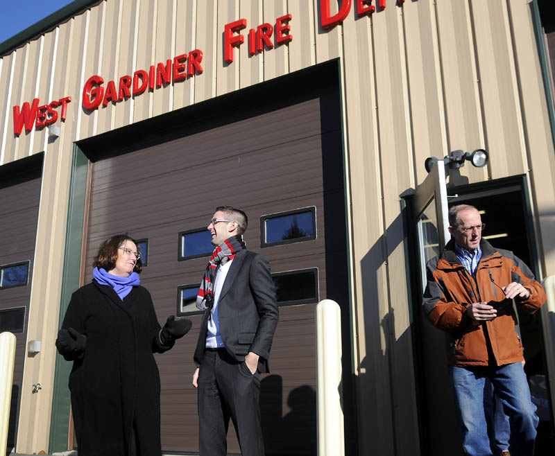 THE BIG DEBATE: House candidates Rep. Sharon Treat, D-Hallowell, and Republican challenger Will Guerrette, of West Gardiner, talk Tuesday as voters exit the polling place at the West Gardiner Fire Department.