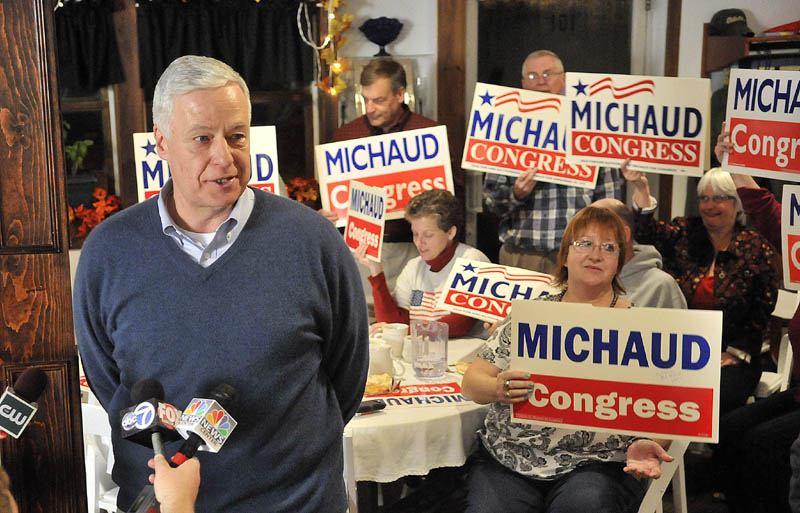 Mike Michaud speaks to supporters after winning another term as the representative from the 2nd Congressional District during a campaign party at Grass Roots Cafe and Catering on Main Street in East Millinocket on Tuesday.